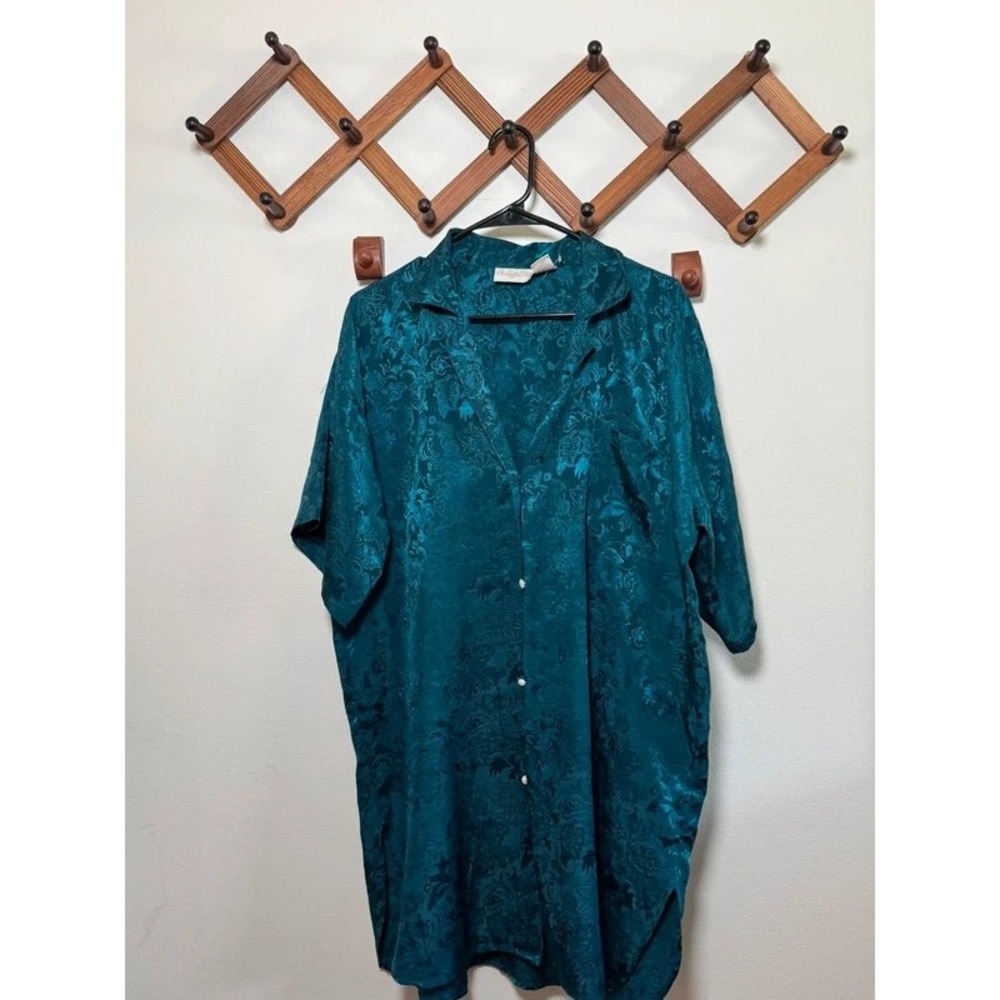 Vintage Teal Blue‎ Jacquard Satin Sleepshirt Button Up Robe Size Medium luxury